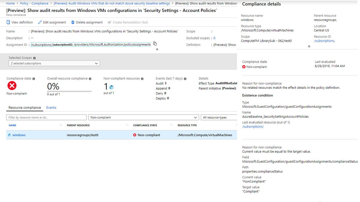 Screenshot of viewing the auditIfNotExists definition compliance details.