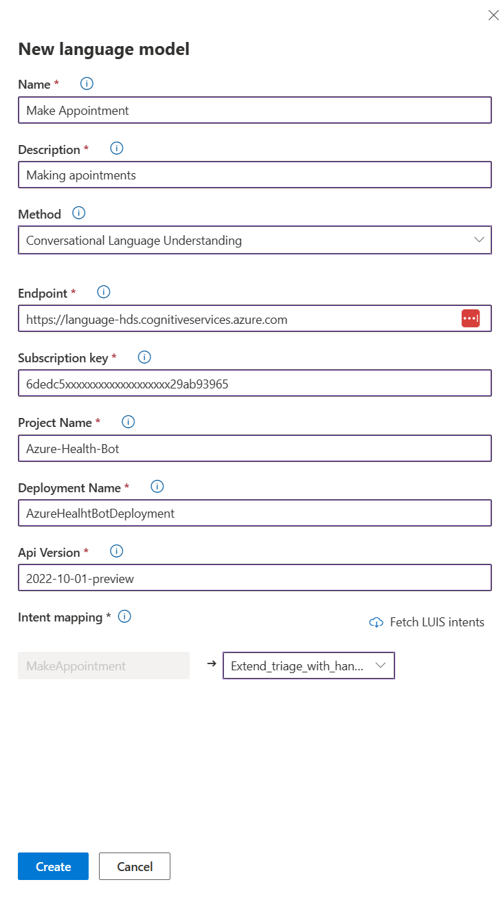 Screenshot of the Azure AI Health Bot linking to the Question Answer Model