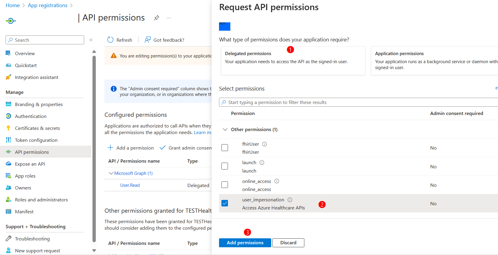 Screenshot showing application registration permissions screen.