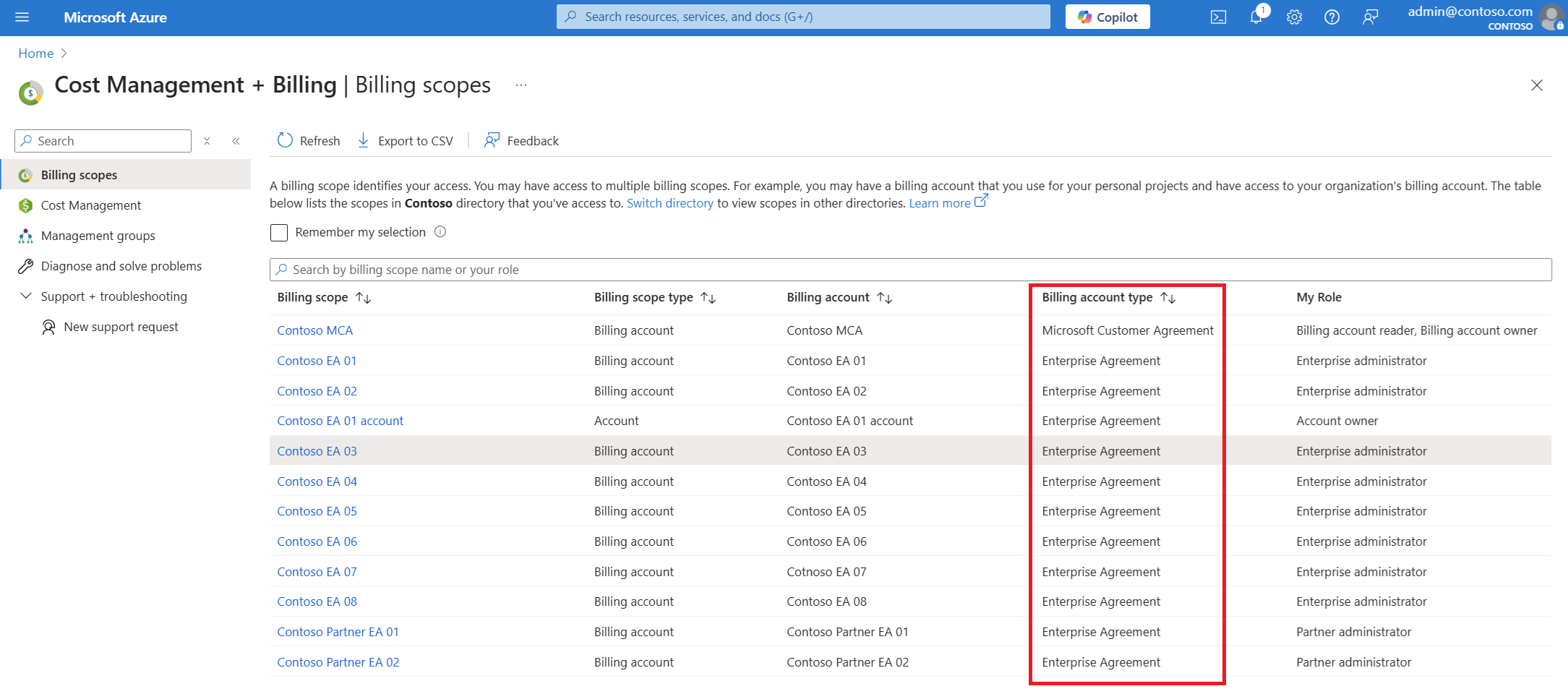 Screenshot that shows microsoft customer agreement in billing account list page.