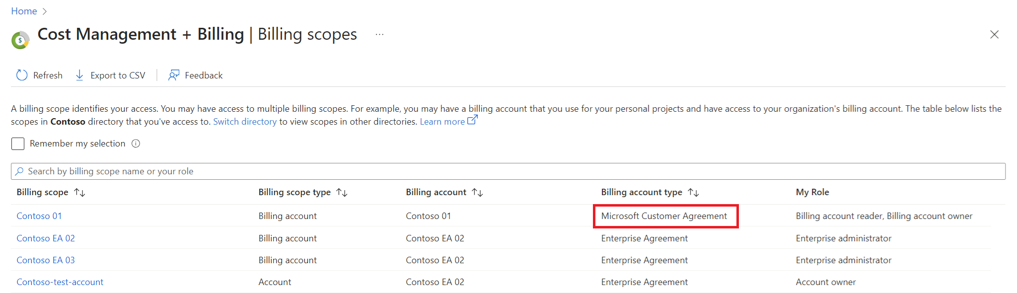 Screenshot of the Azure portal that shows a billing account type of Microsoft Customer Agreement for multiple billing scopes.