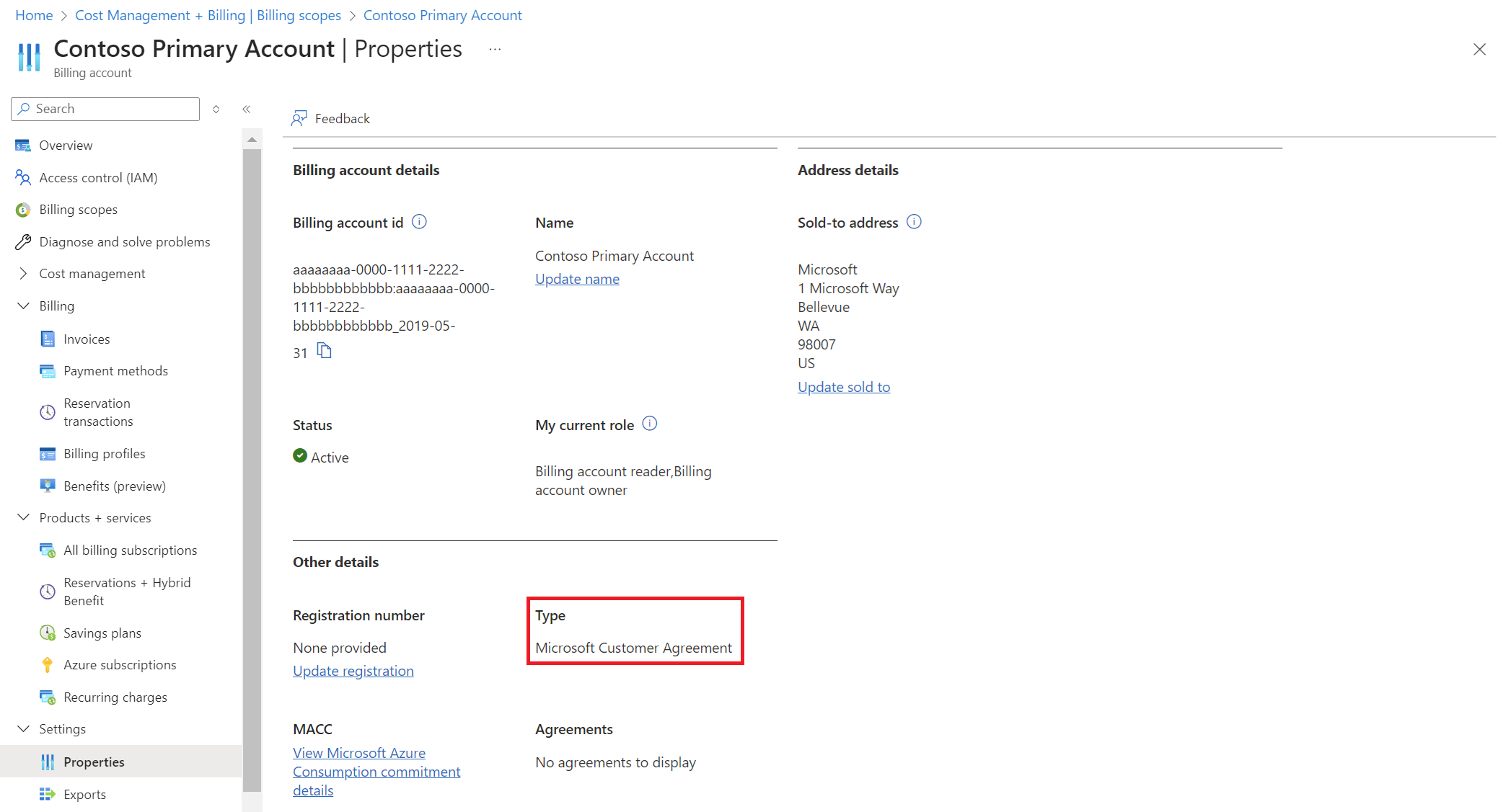 Screenshot of the Azure portal that shows a billing account type of Microsoft Customer Agreement for a single billing scope.