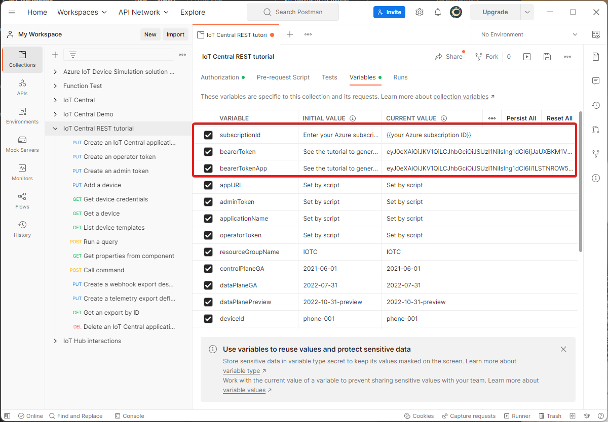 Screenshot that shows the variables set manually in the Postman collection.