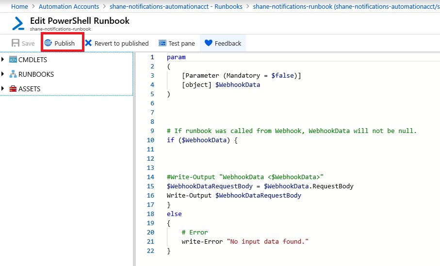 Publish runbook UI