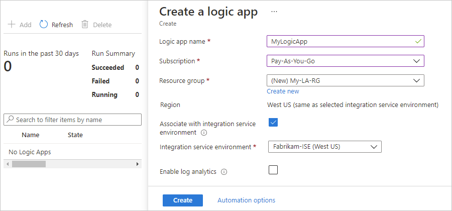 Screenshot that shows the "Create a logic app" pane with example information entered.