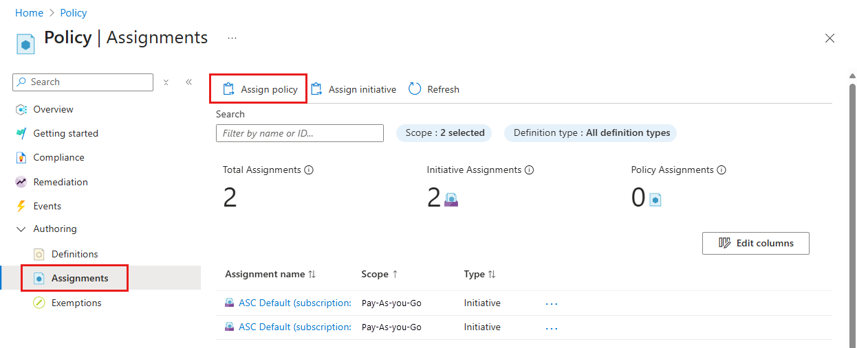 Screenshot showing "Assignments" pane toolbar with "Assign policy" selected.