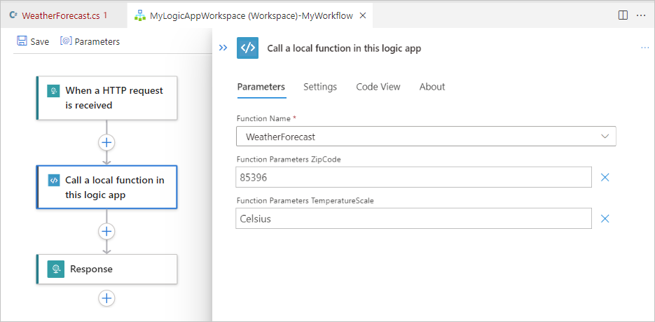 Screenshot shows Visual Studio Code, workflow designer, and default workflow with trigger and actions.