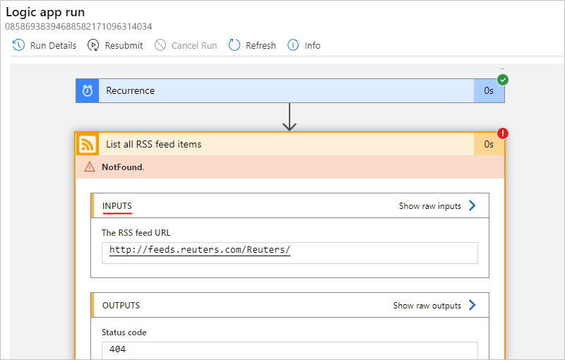 Screenshot showing Consumption logic app workflow with failed step details.