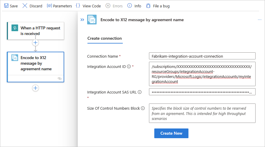 Screenshot showing Standard workflow and connection information for action named Encode to X12 message by agreement name.