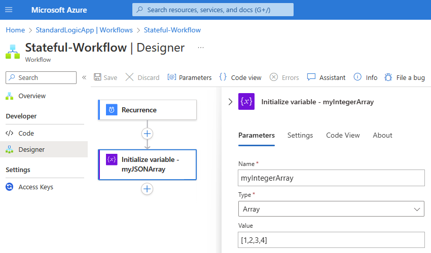 Screenshot showing the Azure portal and the designer with a sample Standard workflow for the "Select" action.