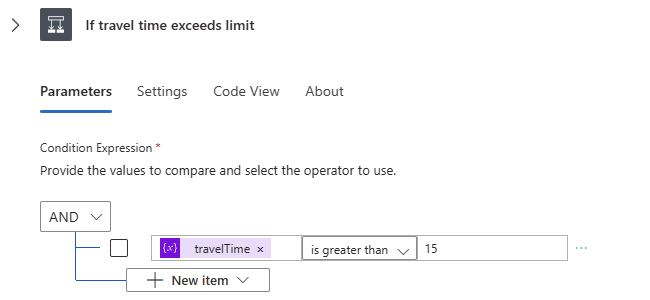Screenshot that shows the finished condition for comparing the travel time to the specified limit.