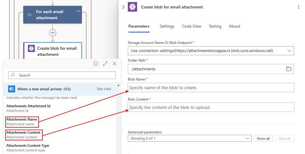 Screenshot showing information about the attachment in the Create blob action.