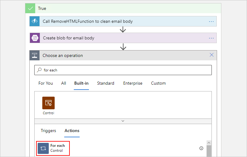 Screenshot showing the selected action named For each.