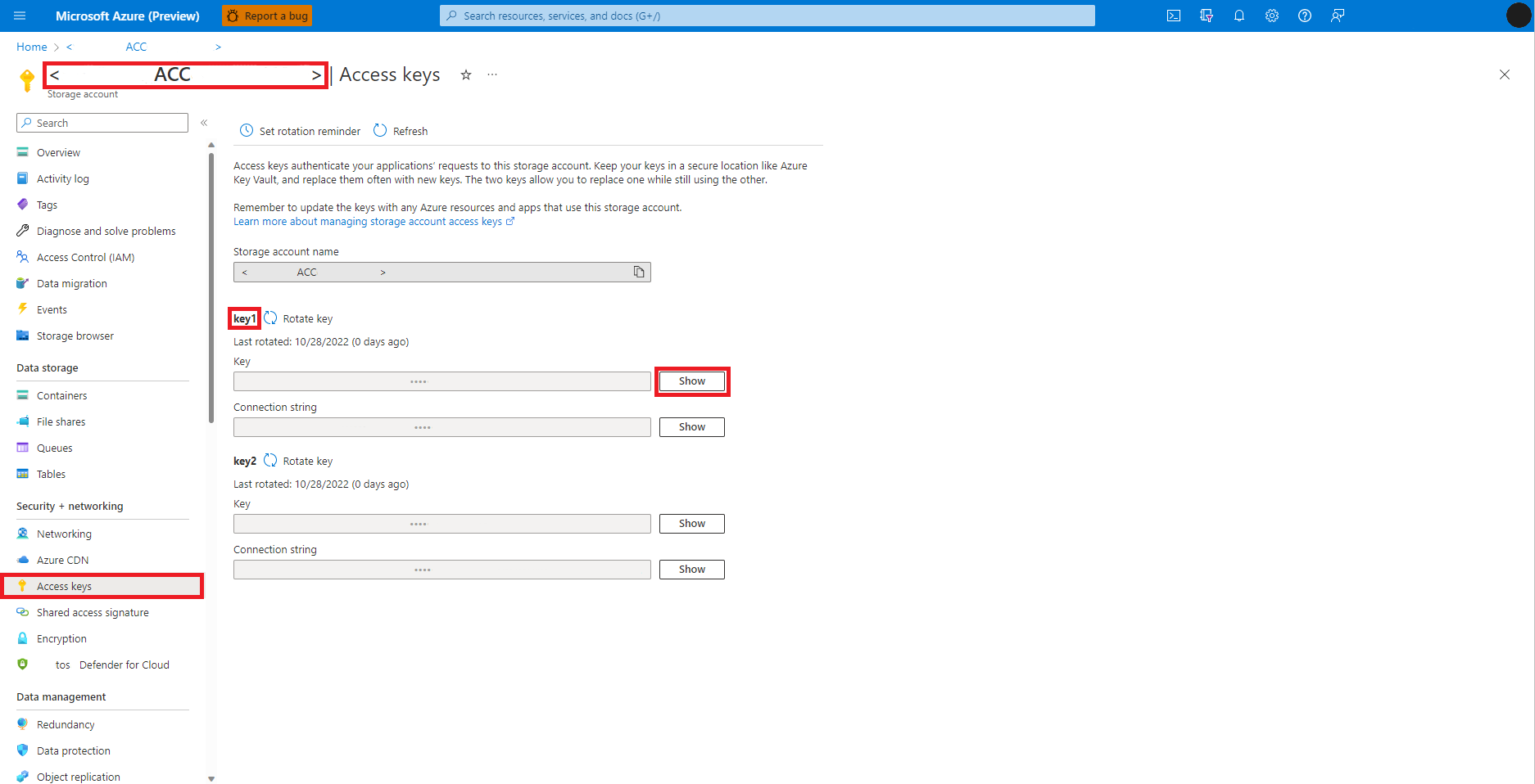 Screenshot that shows the Azure access key and connection string values screen.