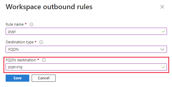 Screenshot of updating an approved outbound network by adding an FQDN rule for an approved outbound managed VNet.