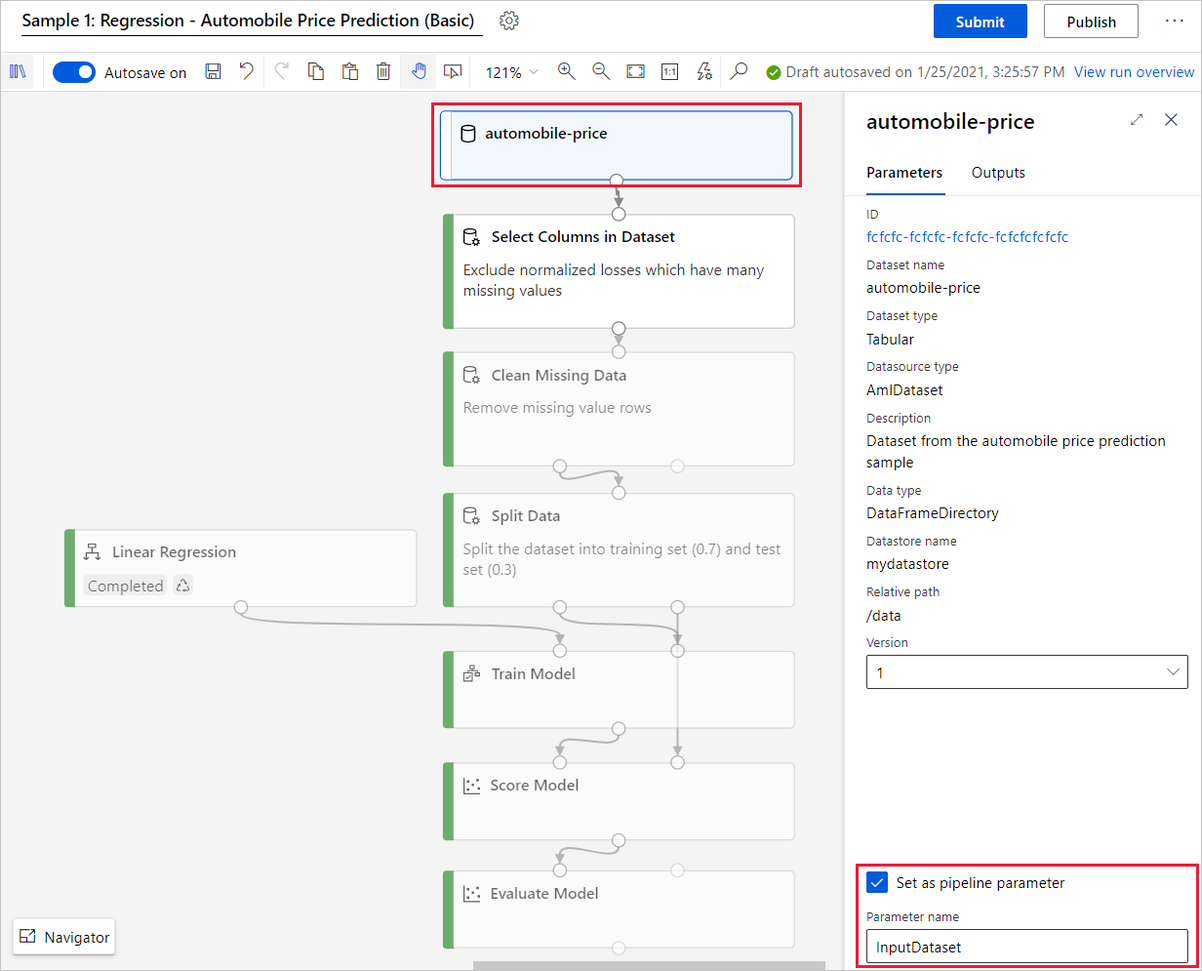 Screenshot highlighting how to create a pipeline parameter