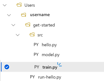 Directory structure shows train.py in src subdirectory