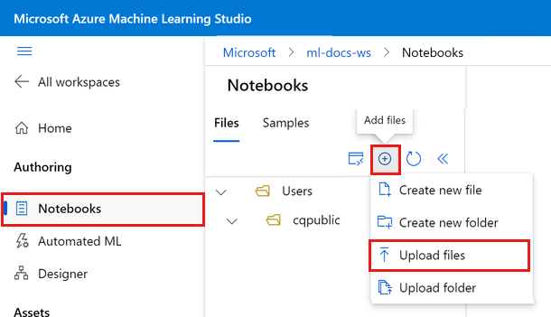 Screenshot shows how to upload files to your workspace.