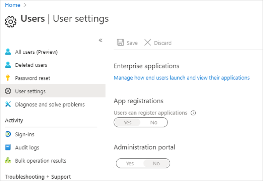 Verify in User Settings that users can register Active Directory apps