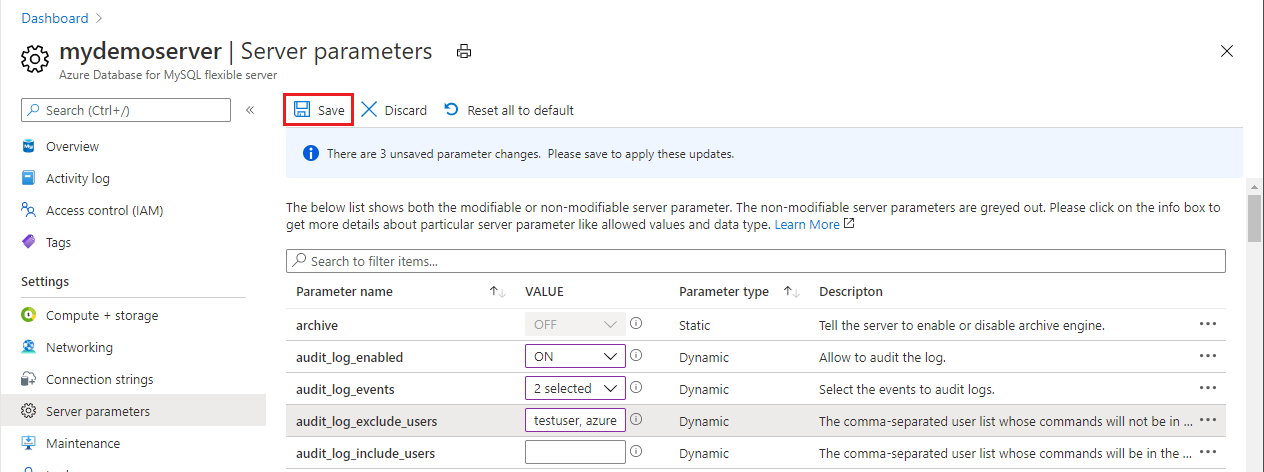 Screenshot of the 'Save' button for saving changes in the parameter values.