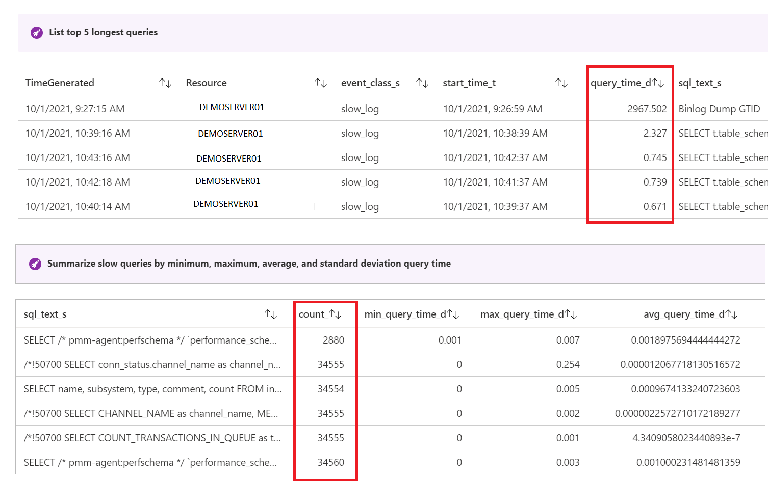 Screenshot showing two long queries.