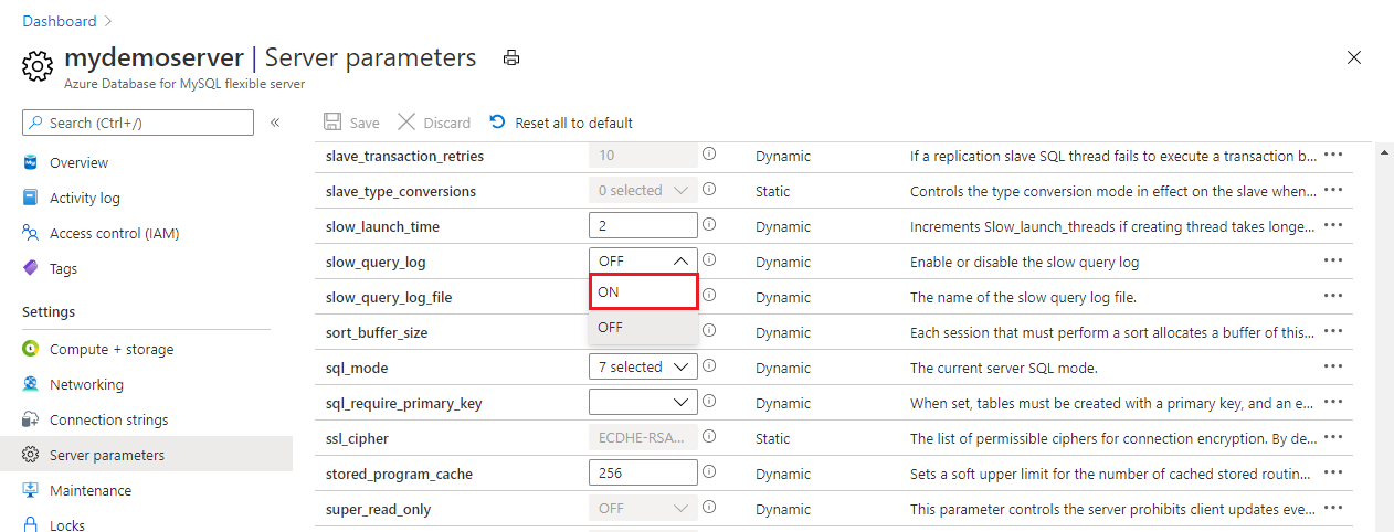 Screenshot showing the 'slow_query_log' parameter switched to 'ON'.