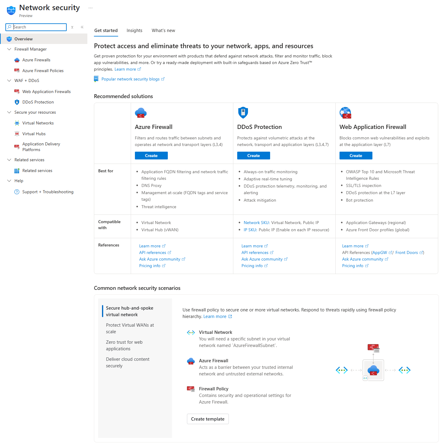 Screenshot of the Azure portal Network security selection page listing Azure Firewall, DDoS Protection, and Web Application Firewall.
