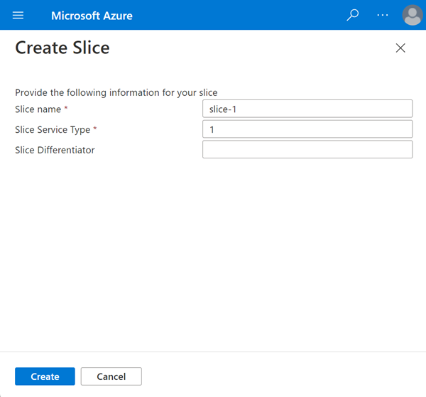 Screenshot of the Azure portal showing the Create slice screen.