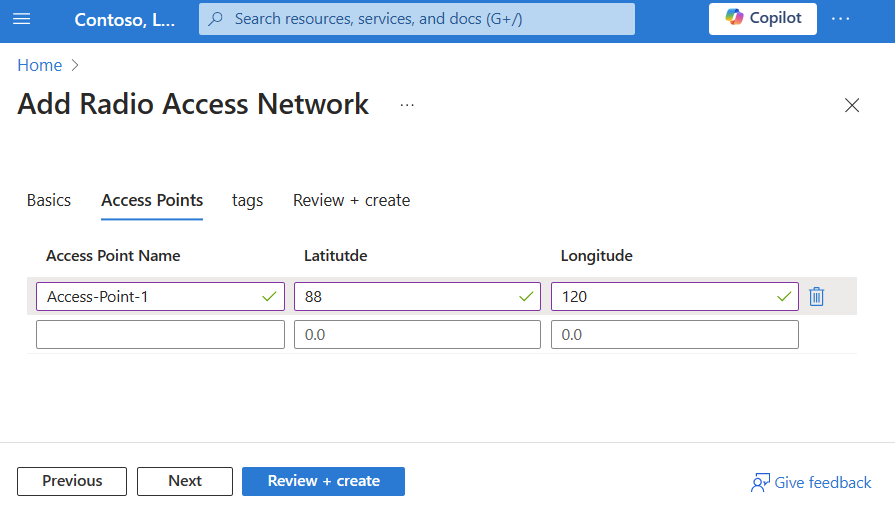 Screenshot of the Azure portal showing a RAN insight resource acesss point tab during creation.