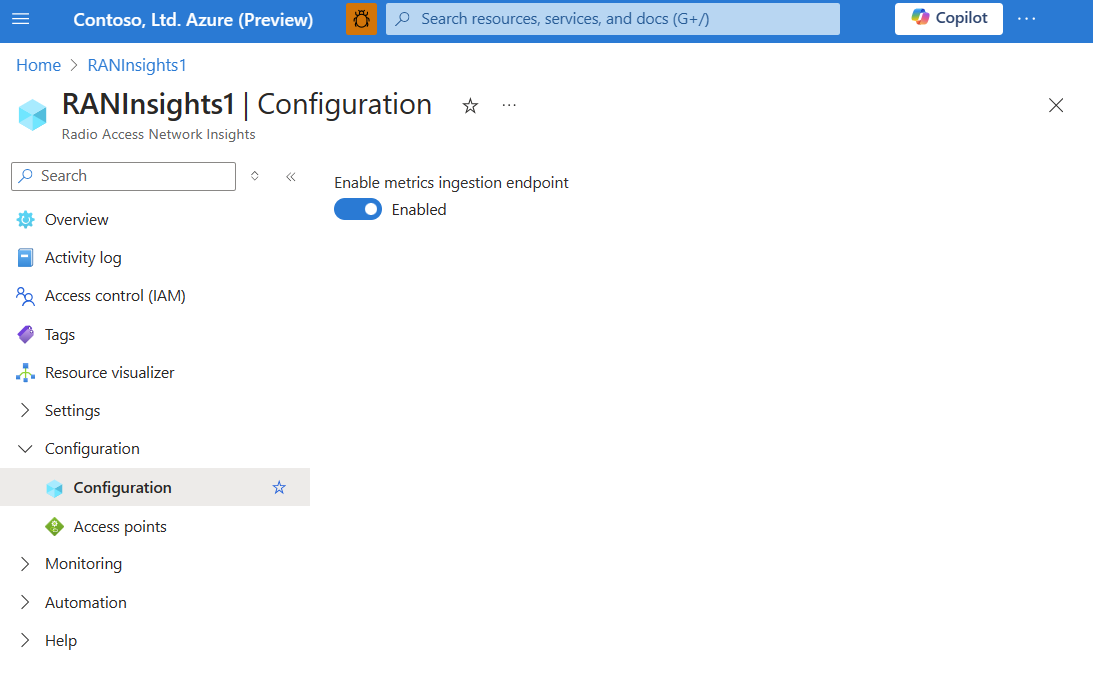 Screenshot of the Azure portal showing a RAN insight resource MIE toggle enabled.