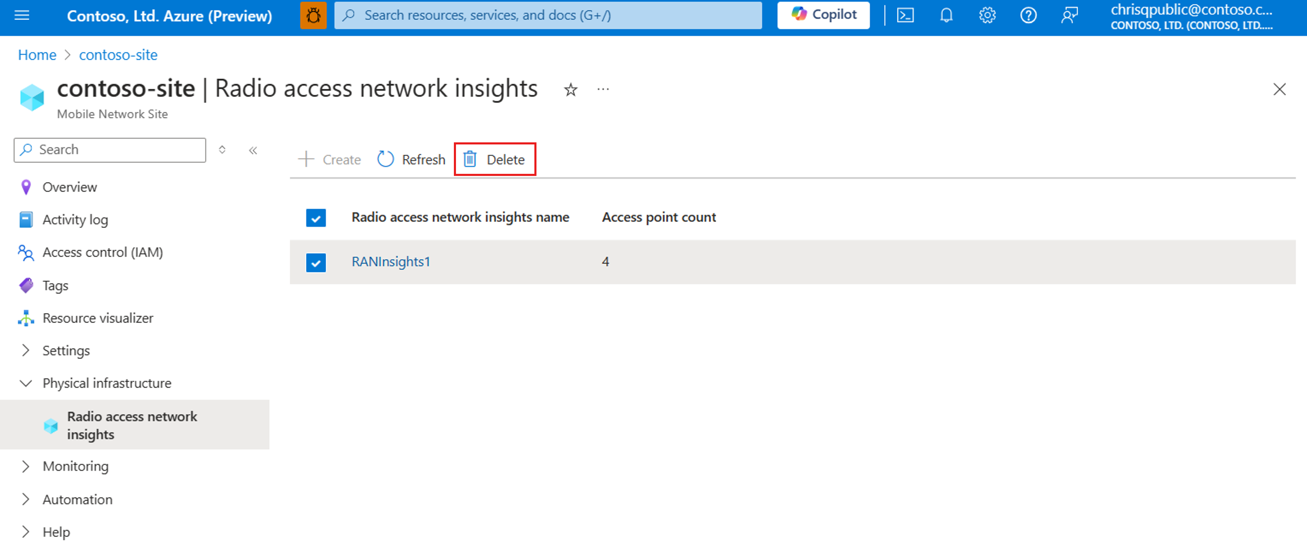 Screenshot of the Azure portal showing deleting a RAN insight resource on the site resource.