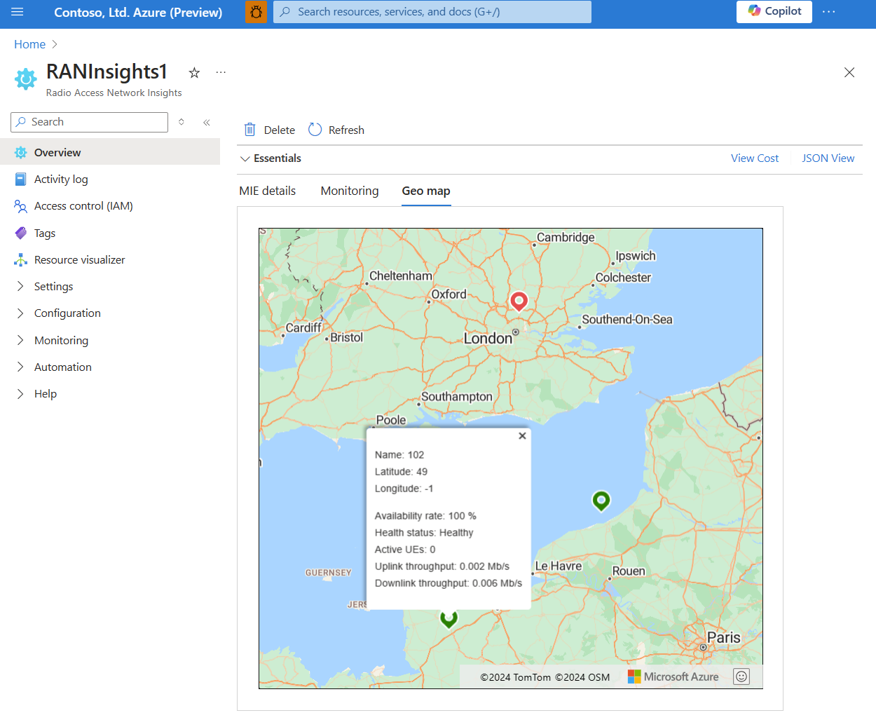 Screenshot of the Azure portal showing creating a RAN insight resource green pin geo map.