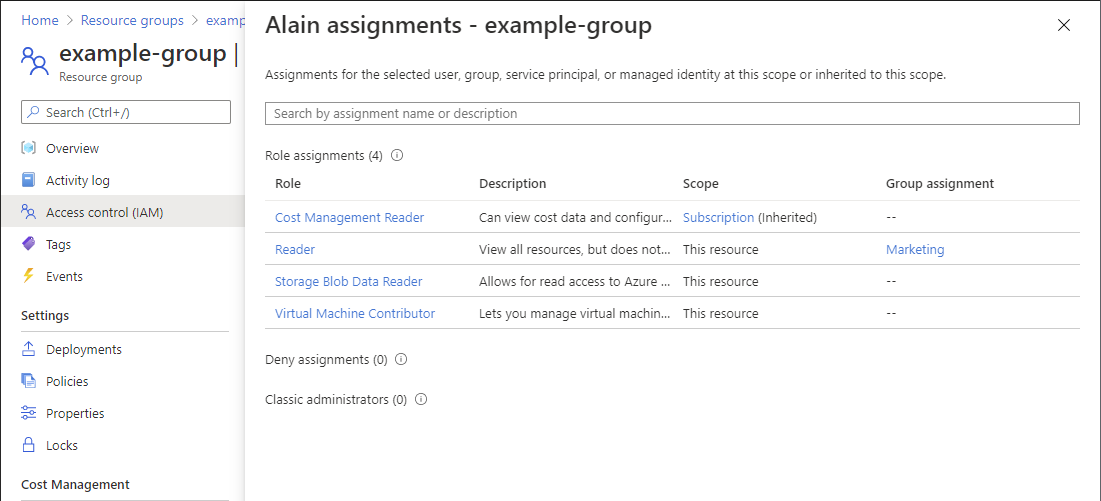 Screenshot of assignments pane.