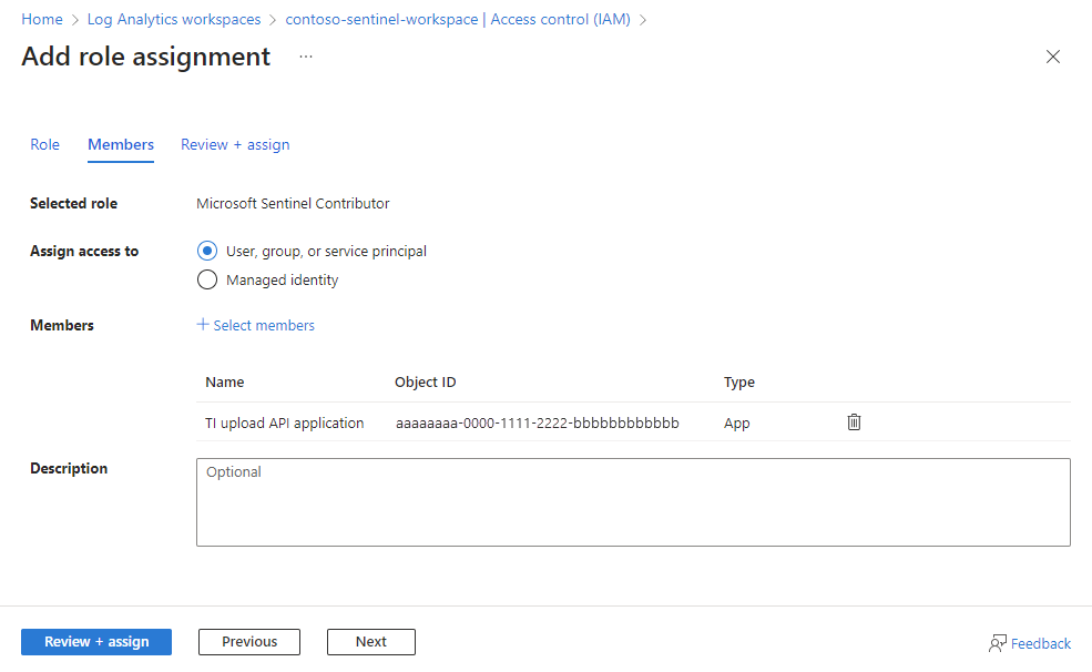 Screenshot showing the Microsoft Sentinel contributor role assigned to the application at the workspace level.