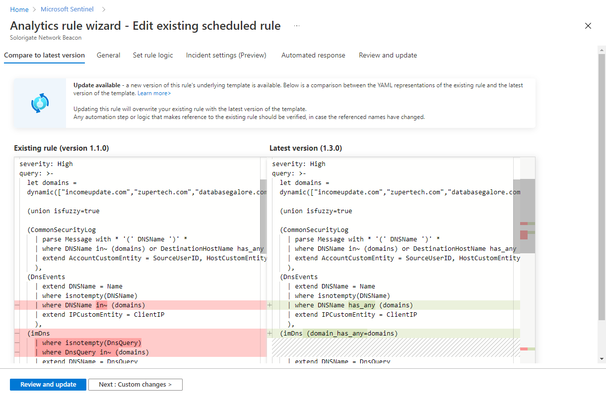 Screenshot of 'Compare to latest version' tab in Analytics rule wizard.