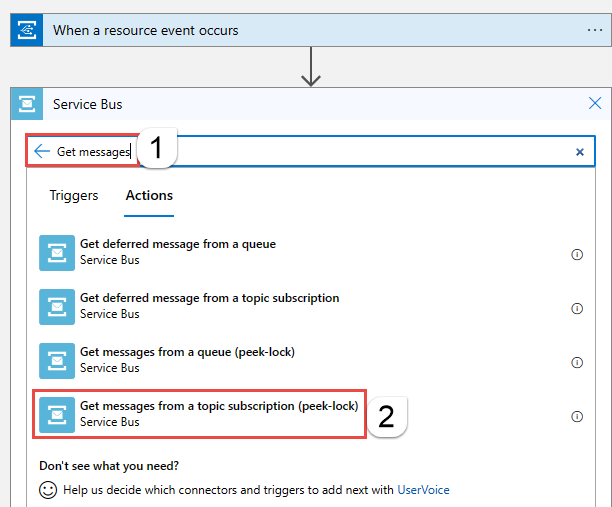 Screenshot that shows the Logic Apps Designer with Get messages from a topic subscription selected.