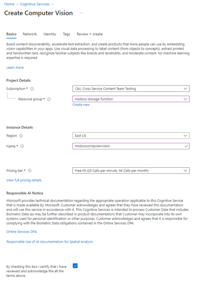 A screenshot showing how to create a new Computer Vision service.