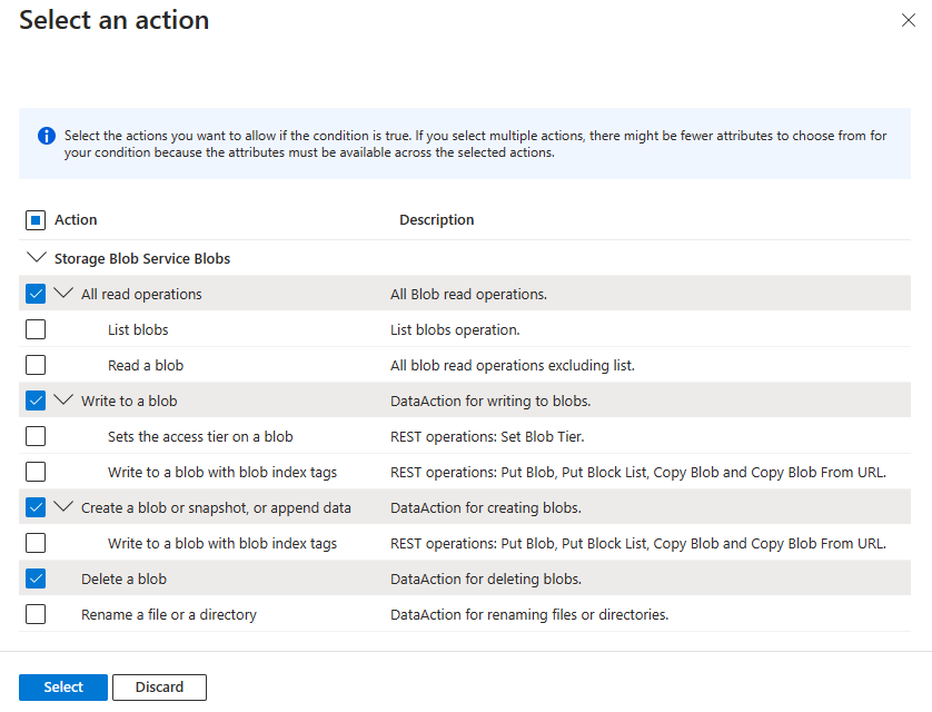 Screenshot of condition editor in Azure portal showing selection of read, write, add and delete operations.