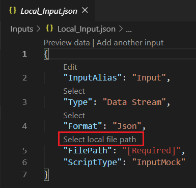 Screenshot of the LocalInput_Input.json file in Visual Studio Code with the local data file path entered.