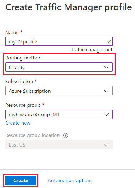 Create a Traffic Manager profile priority