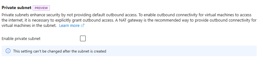 Screenshot of Azure portal showing Private subnet option.