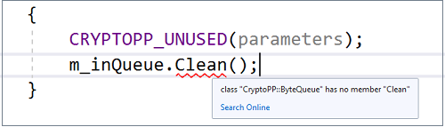 Quick Info on error Screenshot of the Quick Info tooltip showing the error associated with a code squiggle.