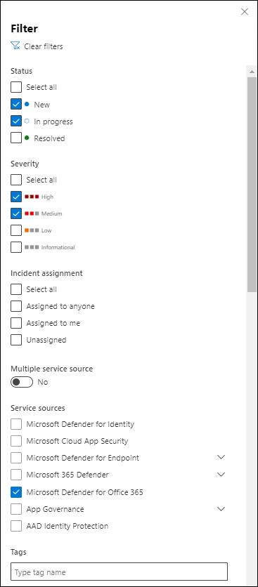 Filter flyout on the Incidents page in the Microsoft Defender portal.
