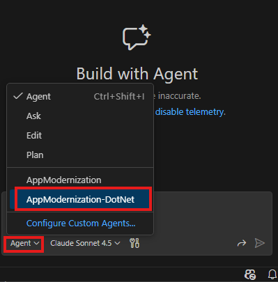 Screenshot of selecting the .NET custom agent in the chat window.