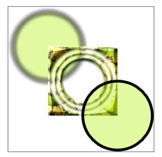 graphicsmm_multiple Illustration of a composite drawing showing a square filled with kiwi slices overlapping a black rimmed, green circle on the upper left with a black rimmed, green circle overlapping on the bottom right. Bitmap effects and an opacity mask have been applied distorting the original drawing.