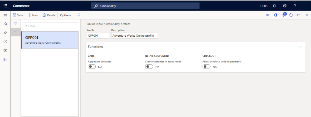Online functionality profile example.