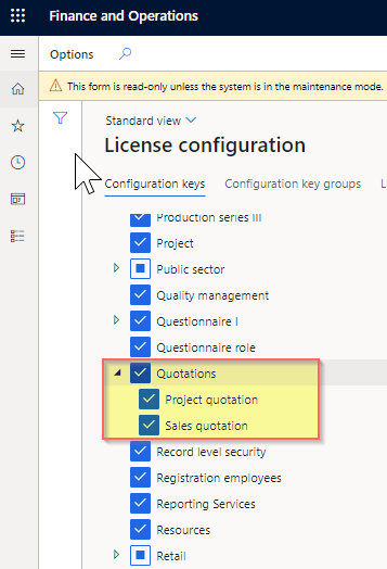 Quotations license key configuration must be enabled