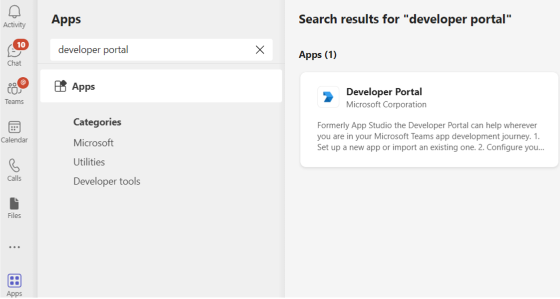 Aplikacija Portal za razvijalce v Teams.
