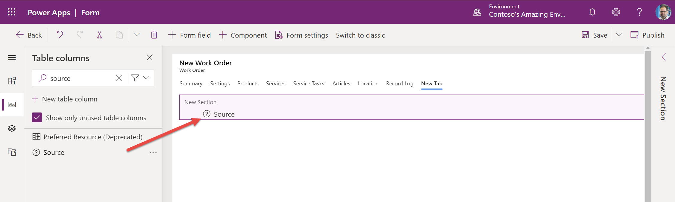 Power Apps prikazuje urejevalnik zavihkov delovnih nalogov.
