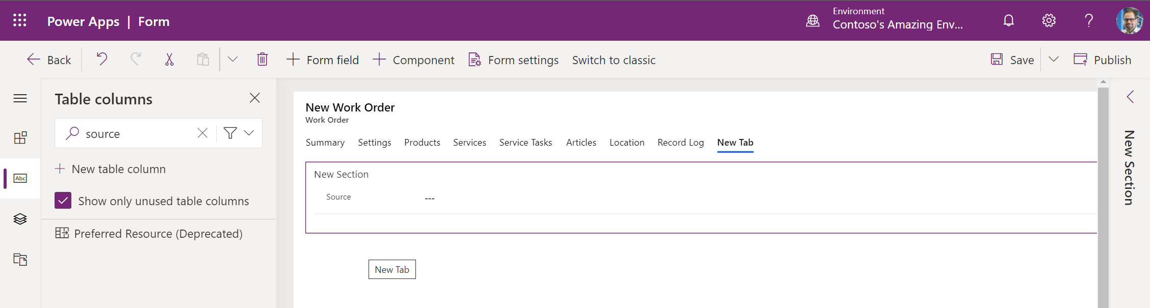 Power Apps prikaz novega razdelka na delovnem nalogu.